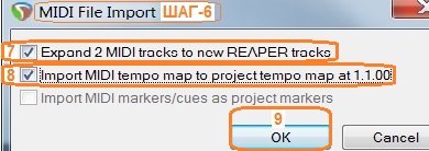 окно вкладка MIDI File Import в reaper рипер