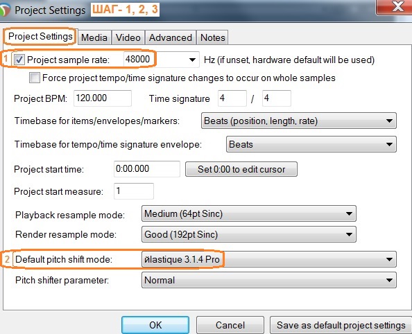 Окно Project Settings в reaper рипер
